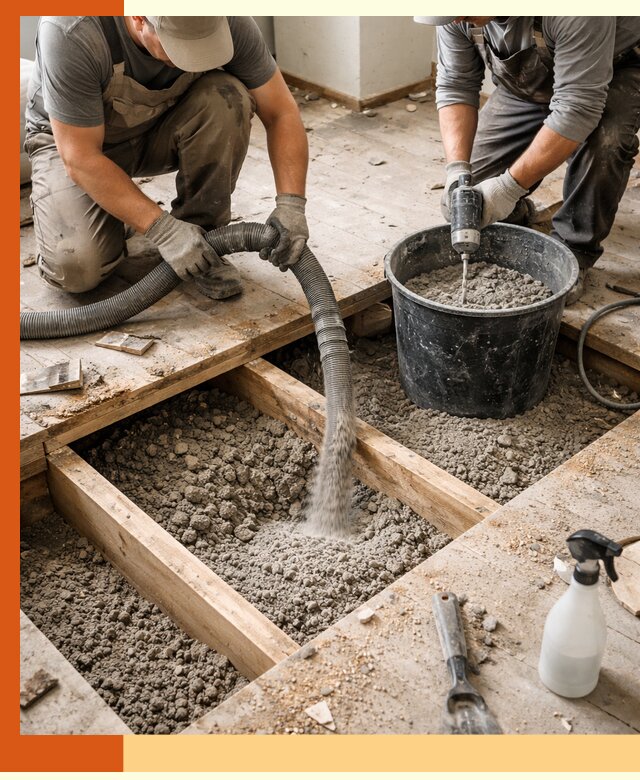 Заполнение пустот пола в соколе полиуретаном и пенополистиролом